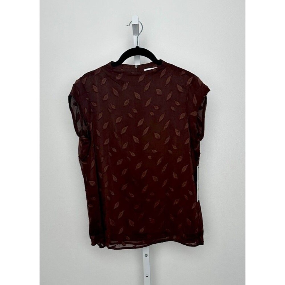 Calvin Klein Embroidered Leaf Cap Sleeve Top Women's M Dark Brown Back Zip